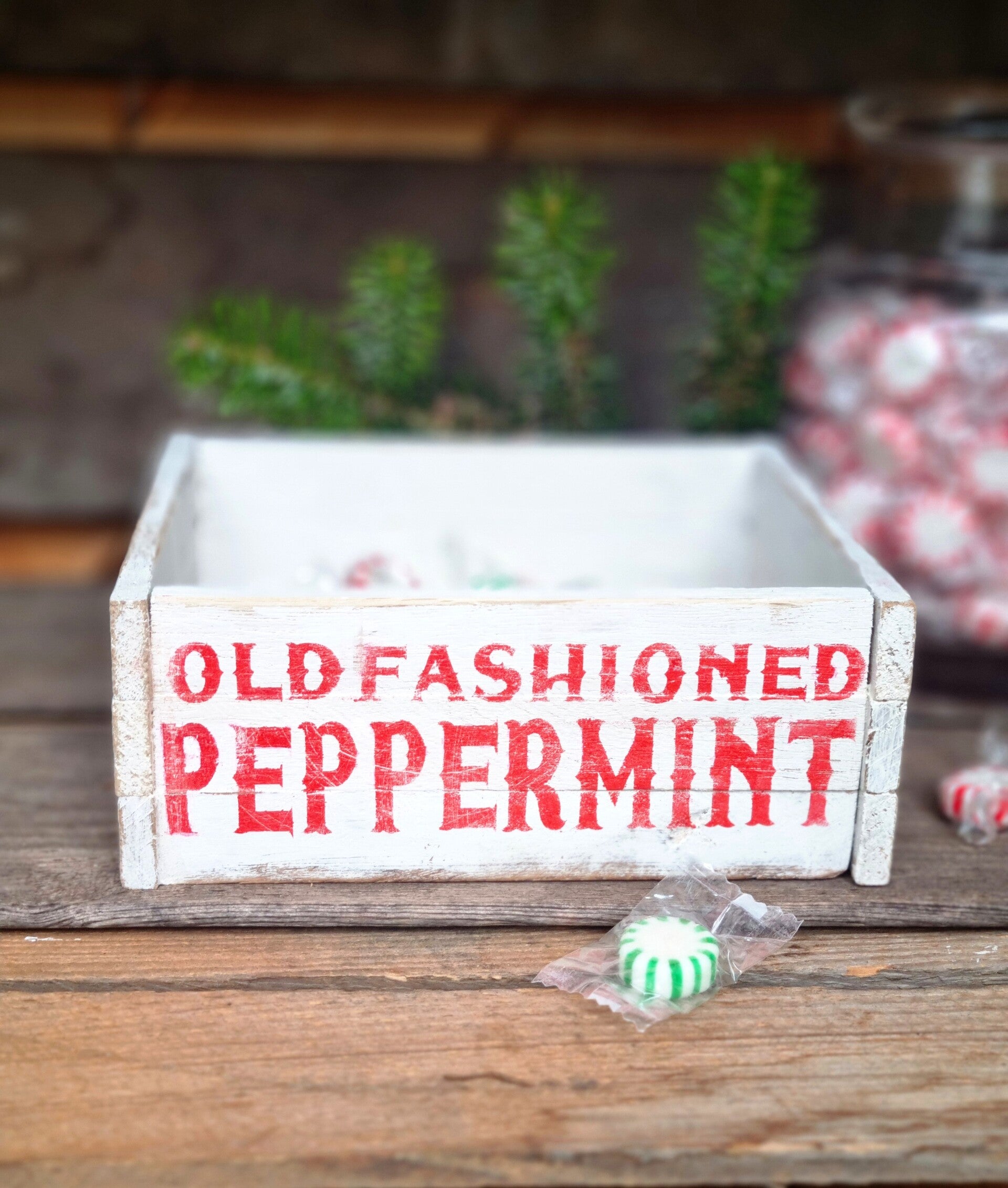 Rustikale Holzkiste Peppermint, Candy Store