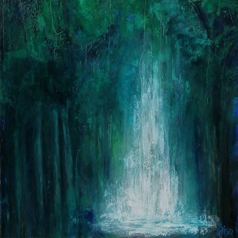 Een magische plek, 2021 - schilderij, acrylverf, papier, houtpaneel, 122 x 122 cm 
