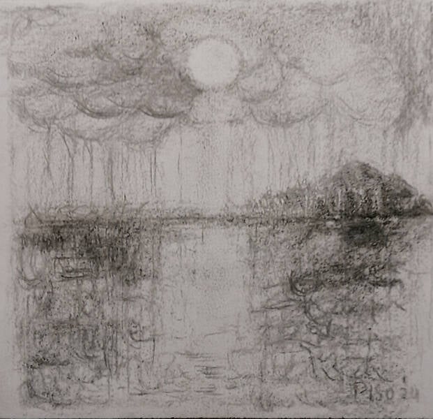 Waterland, 2024 - tekening houtskool  op papier, 28x28 cm