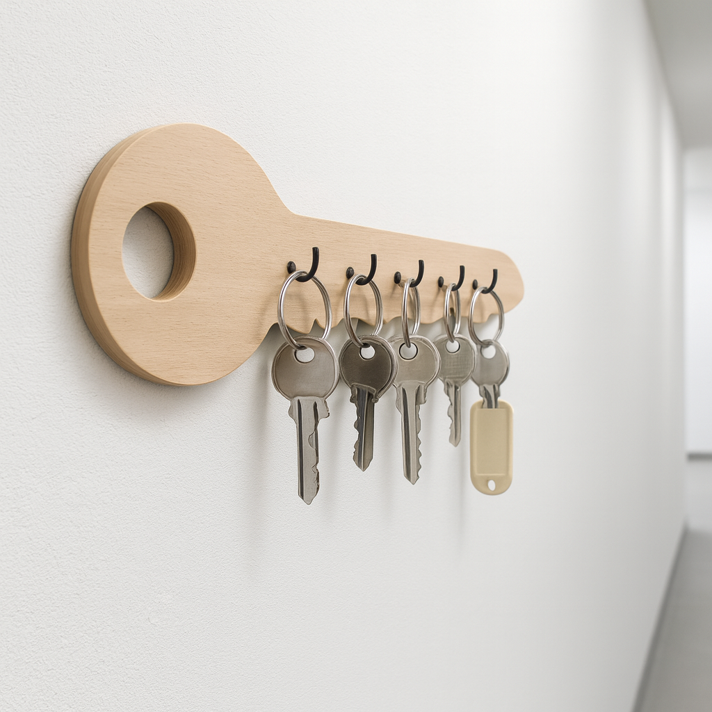 Schlüsselbrett Holz mit 5 Haken – Schlüssel-Design aus Buche