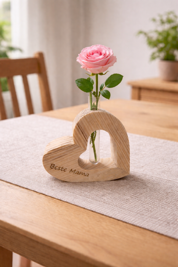 Muttertagsherz aus Holz mit Vase & Gravur – Geschenk für Mama