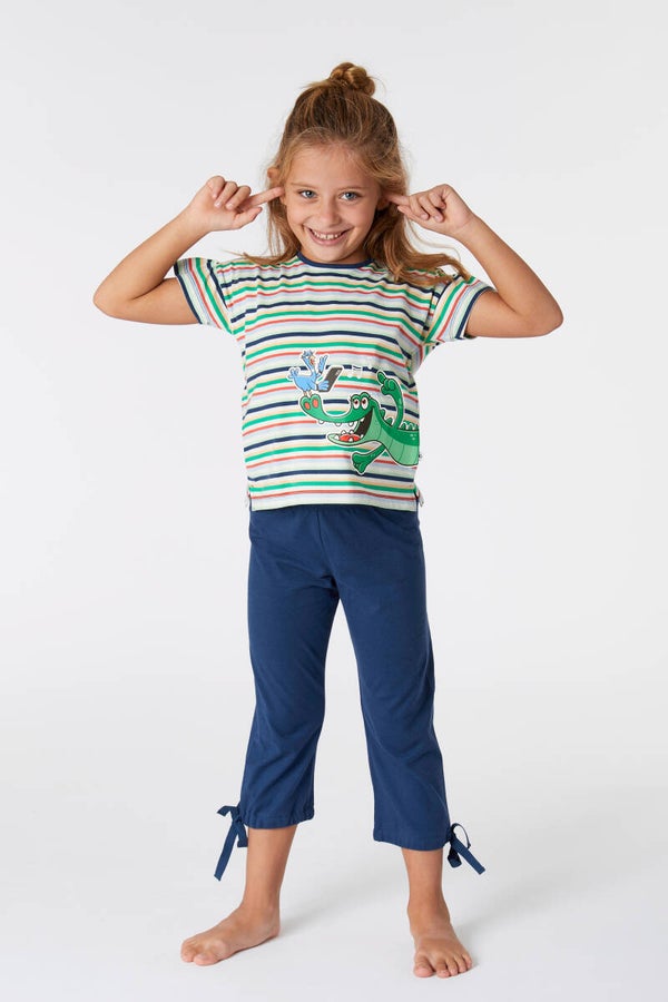 221-1-BSK-S/910 Meisjes pyjama korte mouw, 7/8 broek krokodil gestreept