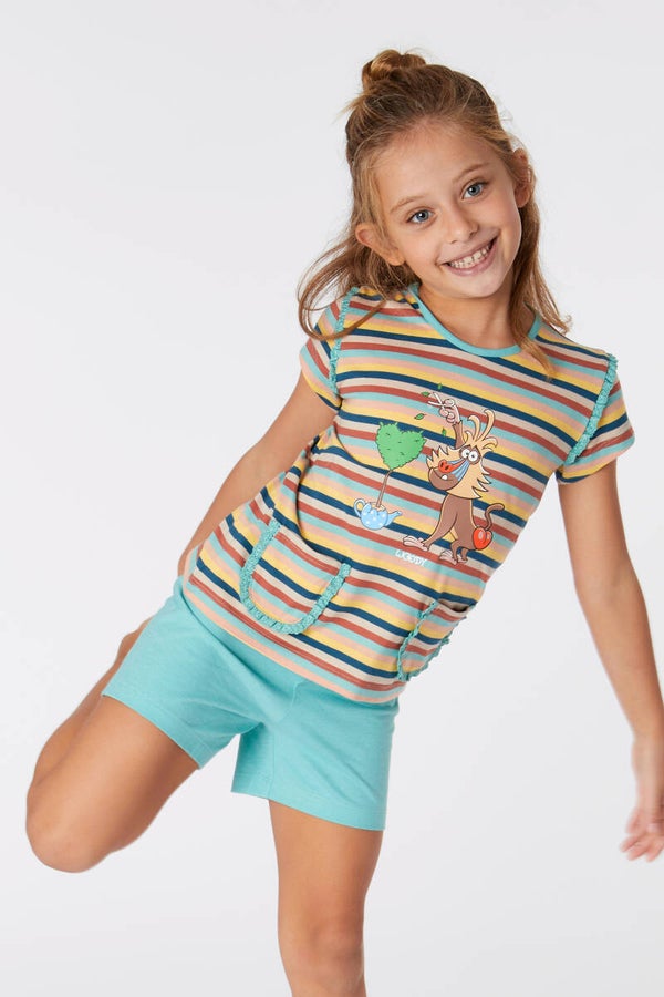 221-1-PSG-S/929 Meisjes pyjama korte mouw, korte broek mandril gestreept