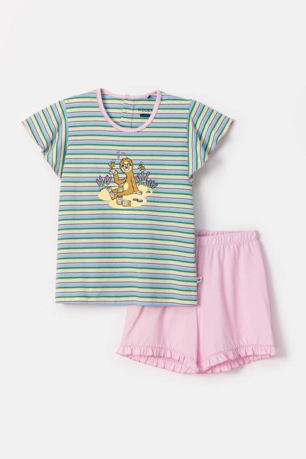 Meisjes pyjama korte mouw, korte broek, multicolor streep