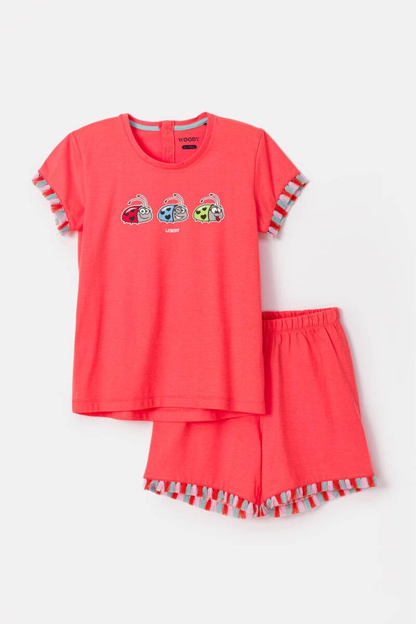 Meisjes pyjama korte mouw, korte broek, koraalrood