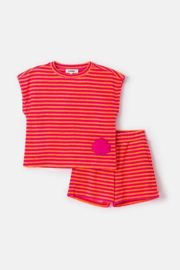 251-12-YHA-T/945 Meisjes set T-shirt en short, fuchsia-oranje streep gestreept