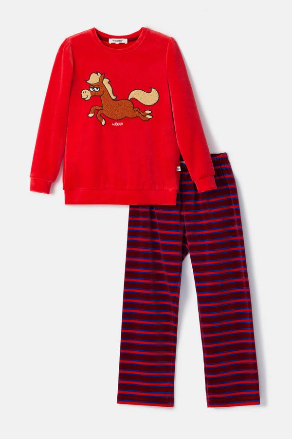 252-10-PDV-V/489 Rode pyjama met gestreepte broek in velours