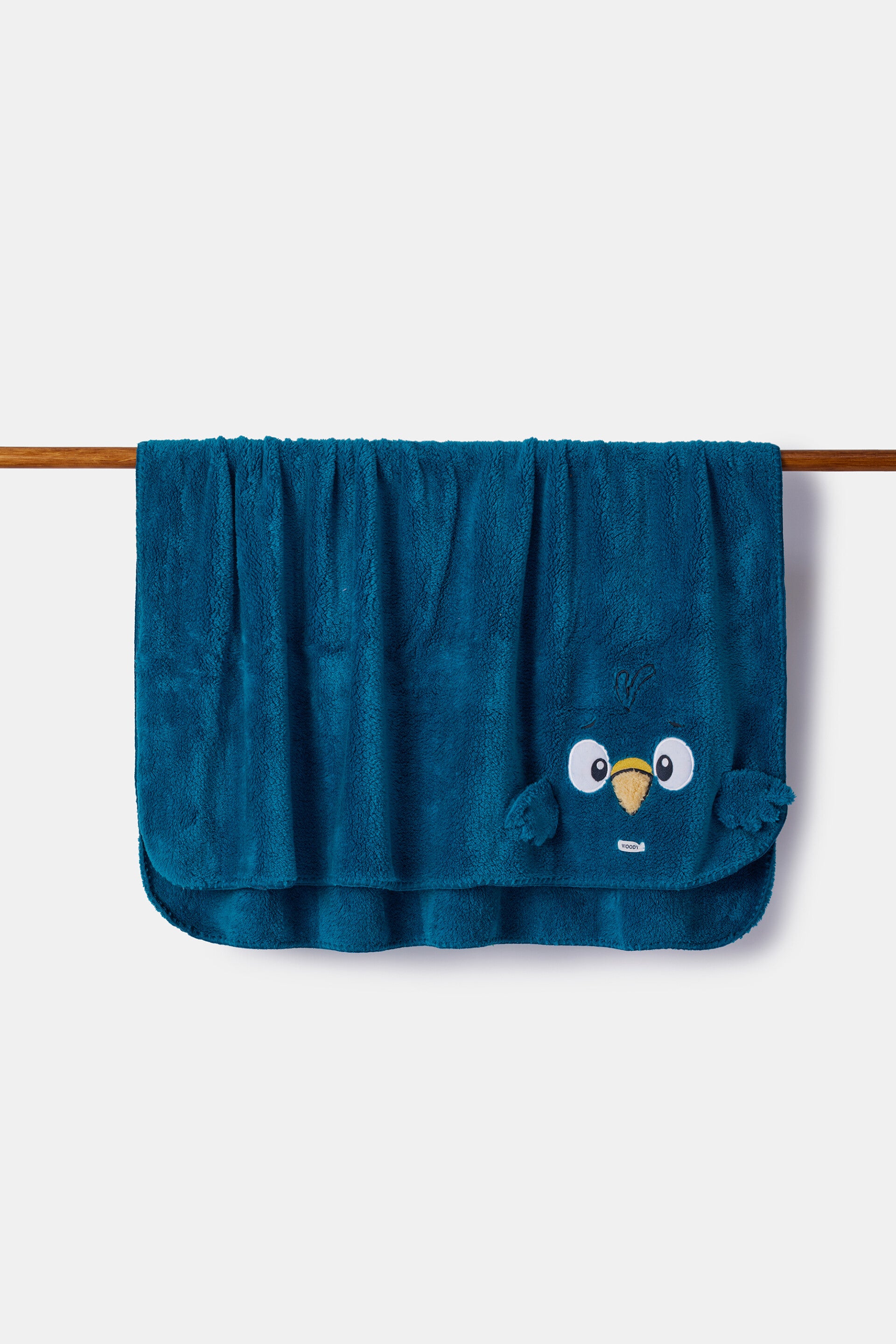 252-10-PLA-M/795 Groenblauwe plaid in teddystof met duif