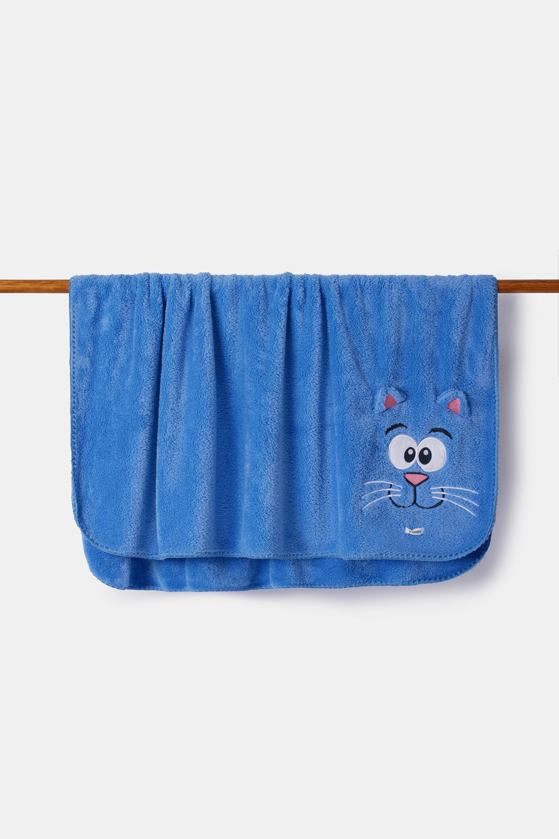 252-10-PLA-M/863 Blauwe plaid in teddystof met kat