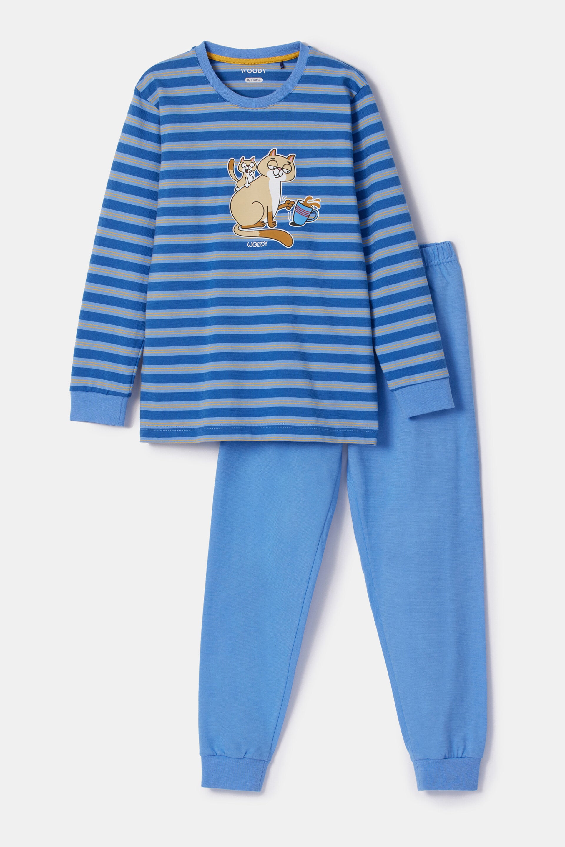 252-10-PLC-S/910 Blauw-geel gestreepte pyjama in katoen met kat