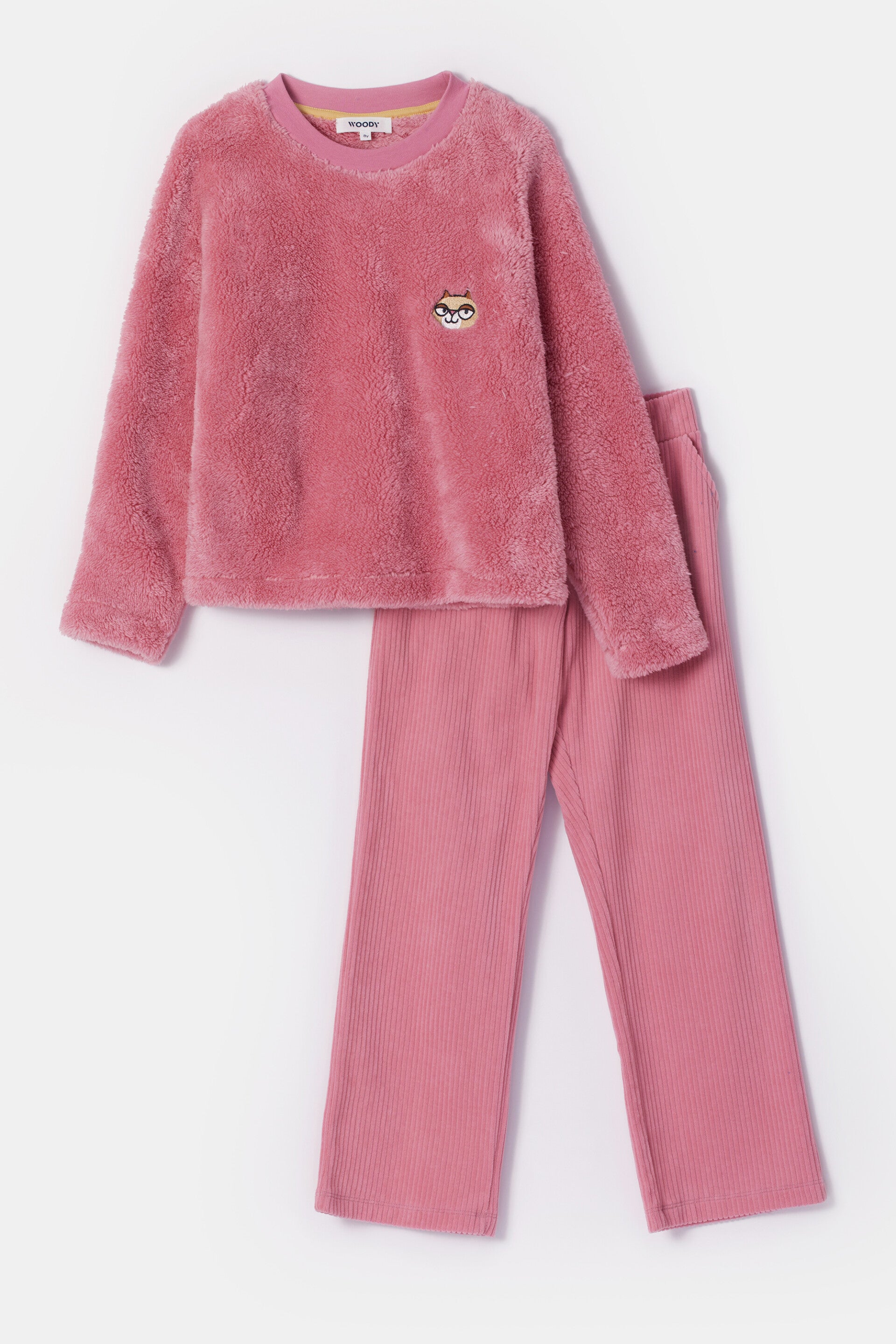 252-10-WPI-M/404 Set van roze sweater en broek met kattenprint in teddystof