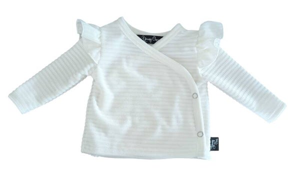 Overslagtruitje in wolwit velours met ruffles