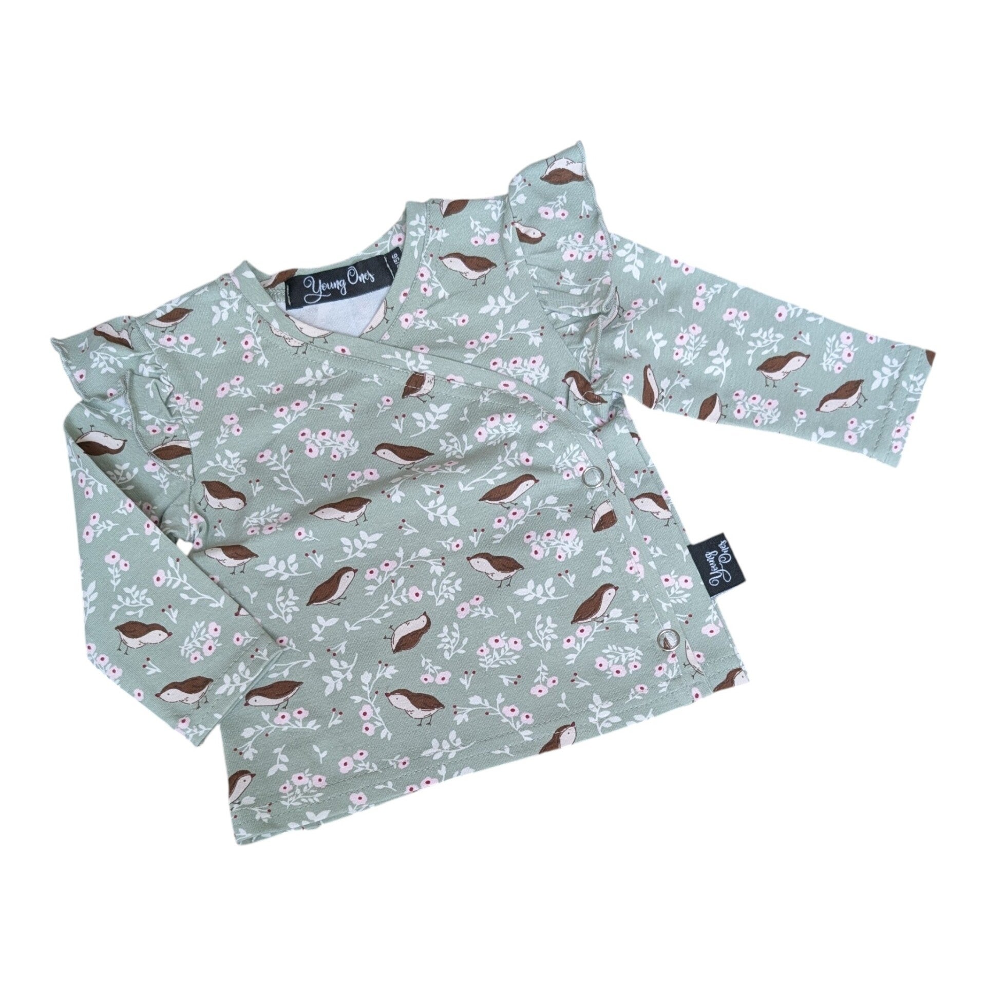 1046 Overslagshirtje groen met vogeltjes