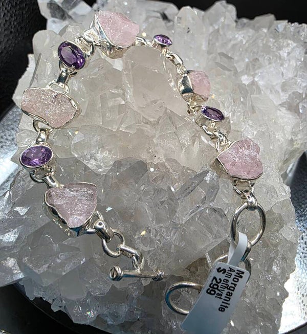 Morganite and Amethyst stirling silver bracelet