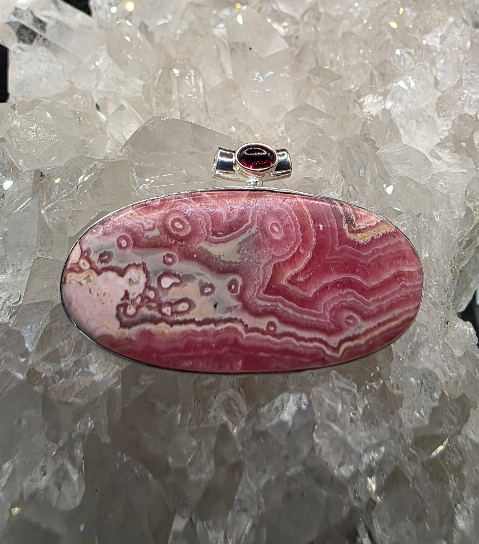 Rhodocrosite and Garnet in sterling silver pendant