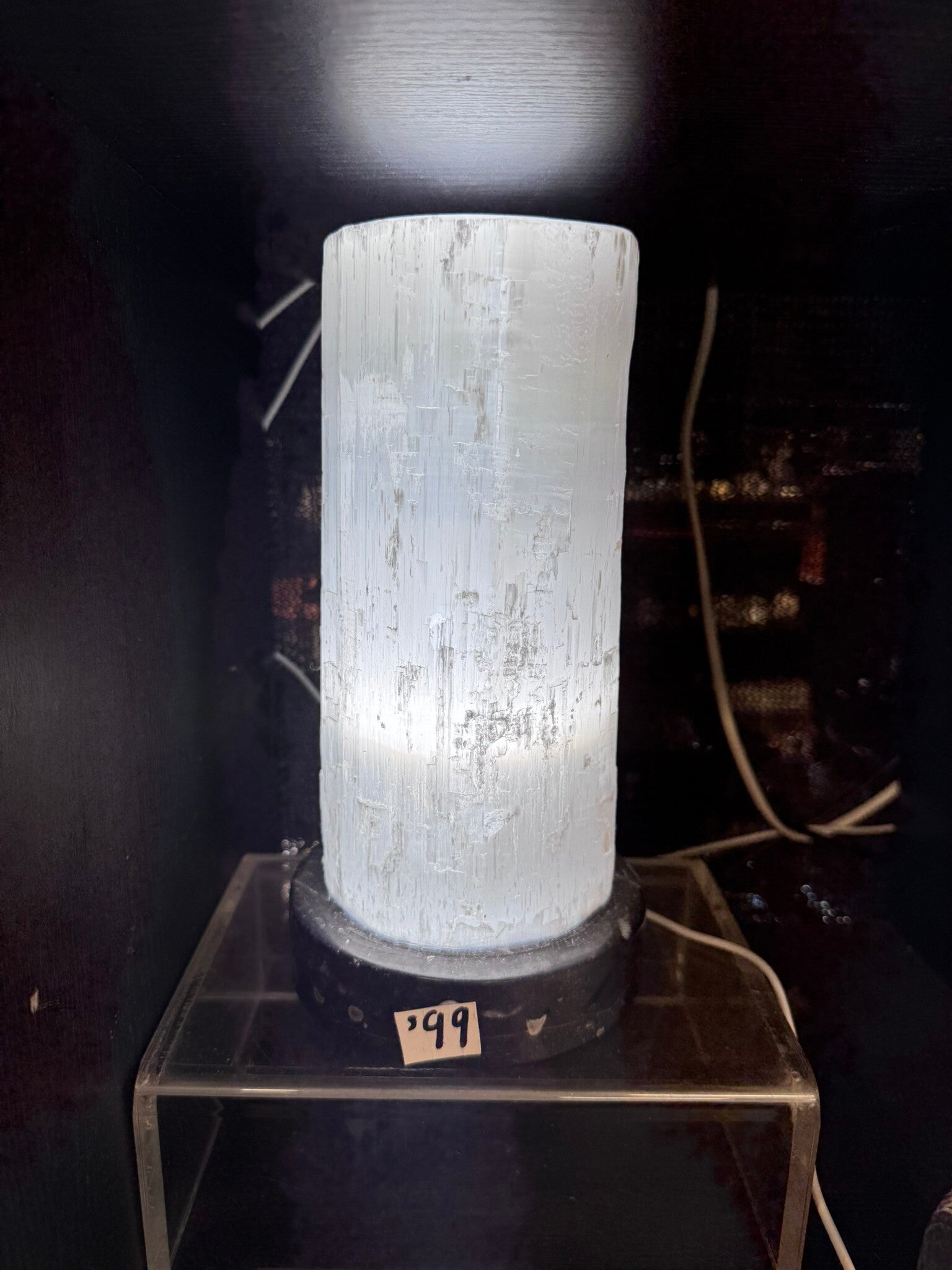 Selenite Lamp with Fossilised Oyster Base