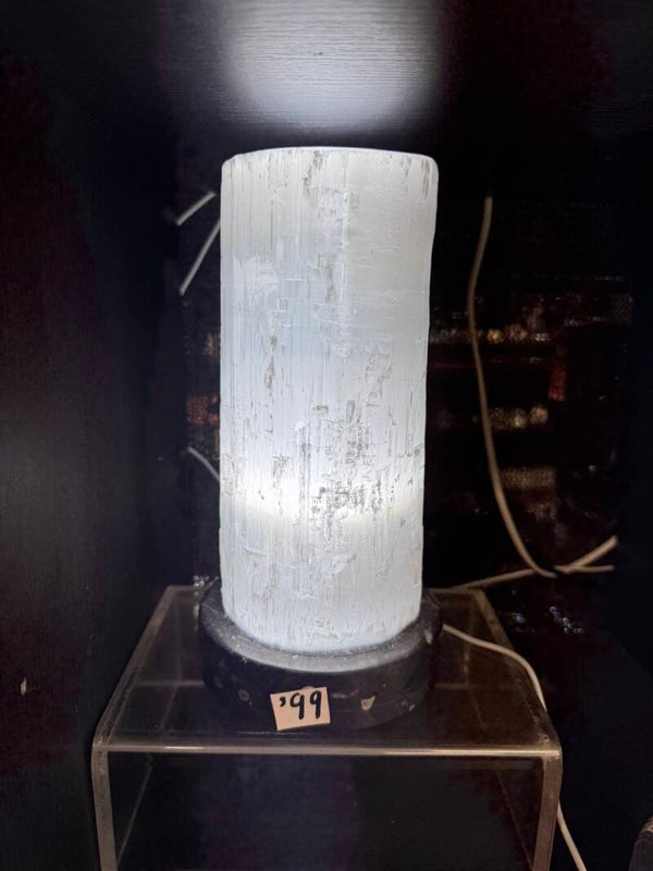 Selenite Lamp with Fossilised Oyster Base