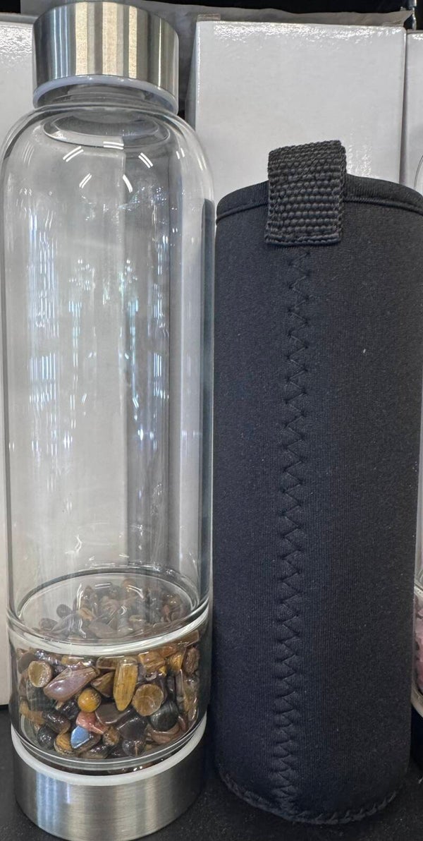 Glass Water Bottle with Tiger Eye Crystals plus Cover