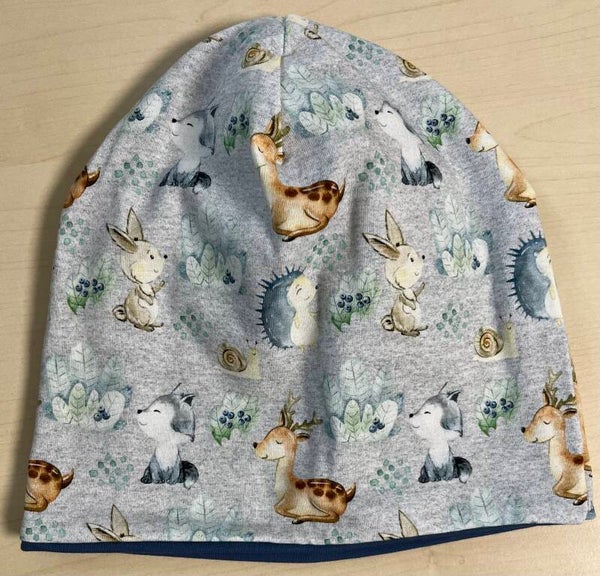 Beanie Grau meliert mit Tieren Gr.53-55cm