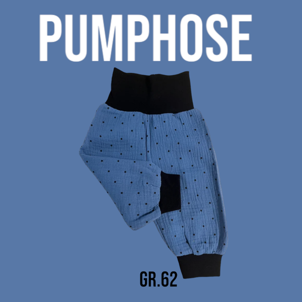 Pumphose Musselin Blau mit schwarze Punkte Gr.62