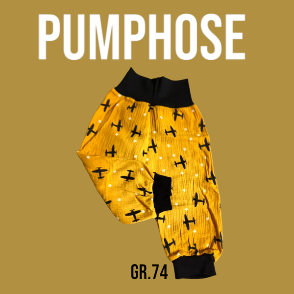 Pumphose Musselin Senfgelb Flugzeug Gr.74