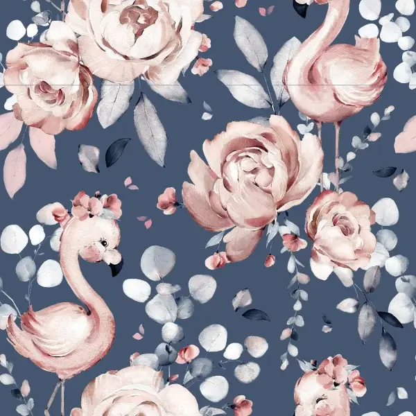 Baumwolljersey Flamingo + Blumen Blau