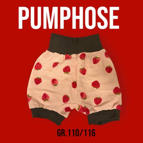 Pumphose Kurz Musselin Erdbeeren Gr.110/116