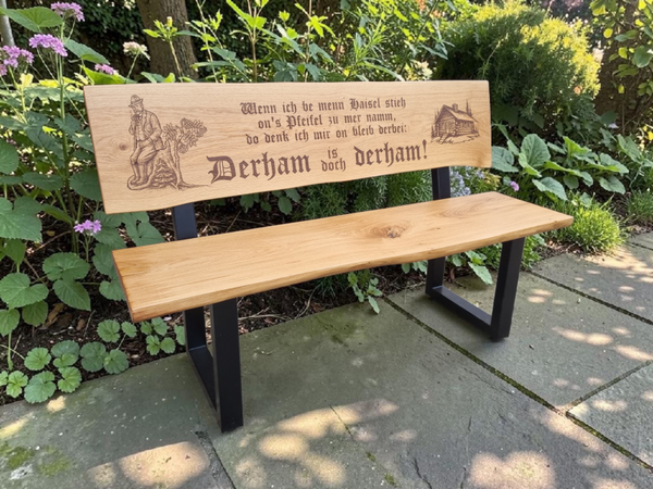 Rustikale Sitzbank aus Eiche mit individueller Lasergravur – 140 cm