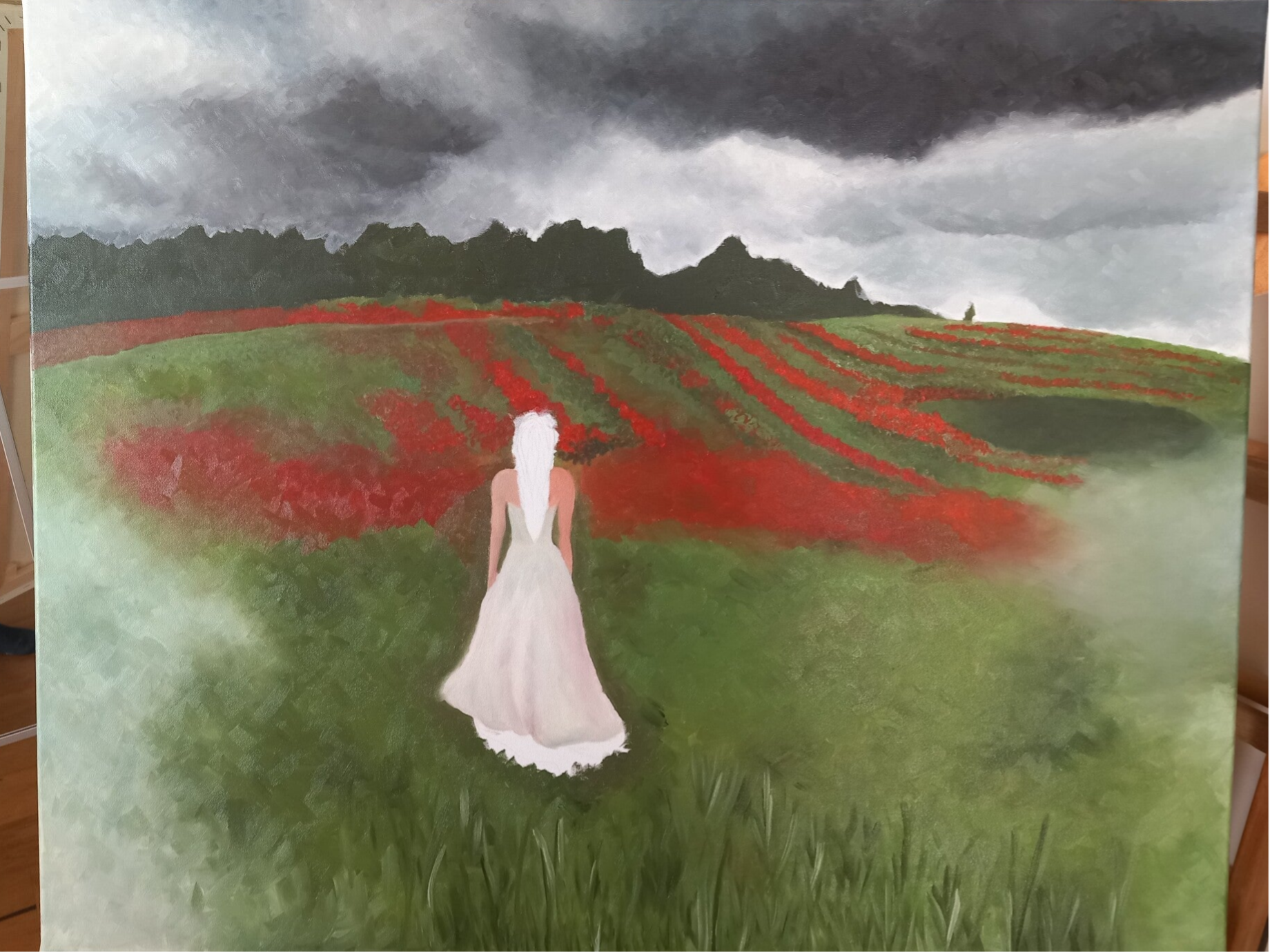 100 × 80 cm oil painting of poppy field, misty vignette, and stormy sky