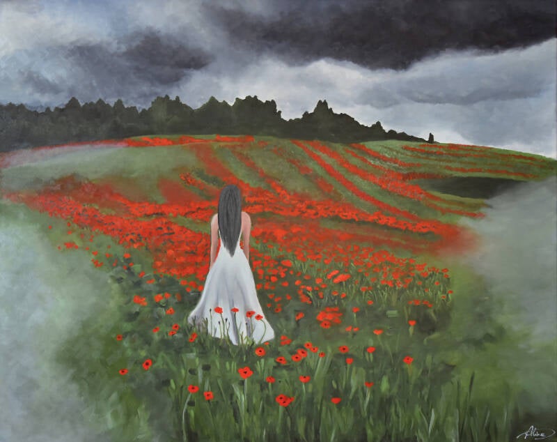 100 × 80 cm oil painting of poppy field, misty vignette, and stormy sky