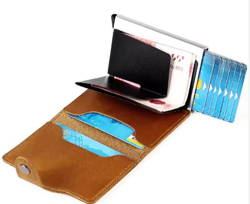 Luxury Genuine Leather Pop-Up Card Holder Cardholder Aluminum Metal Automatic Pop-Up Bank Case Wallet
