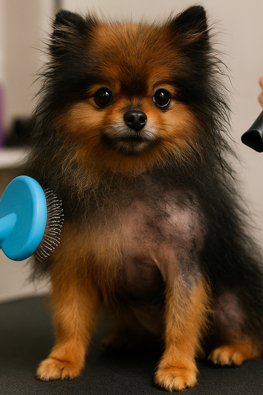 Pommeriaan met Black Skin Disease (BSD) tijdens speciale vachtbehandeling in trimsalon Nina’s Poms Care in Badhoevedorp.