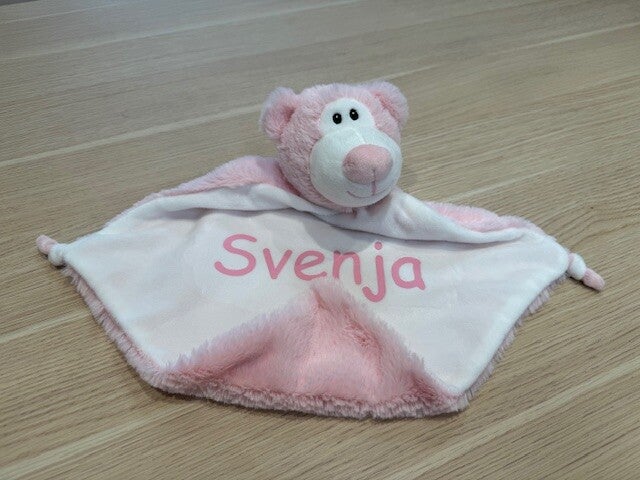 Knuffeldoekje beer lichtroze gepersonaliseerd