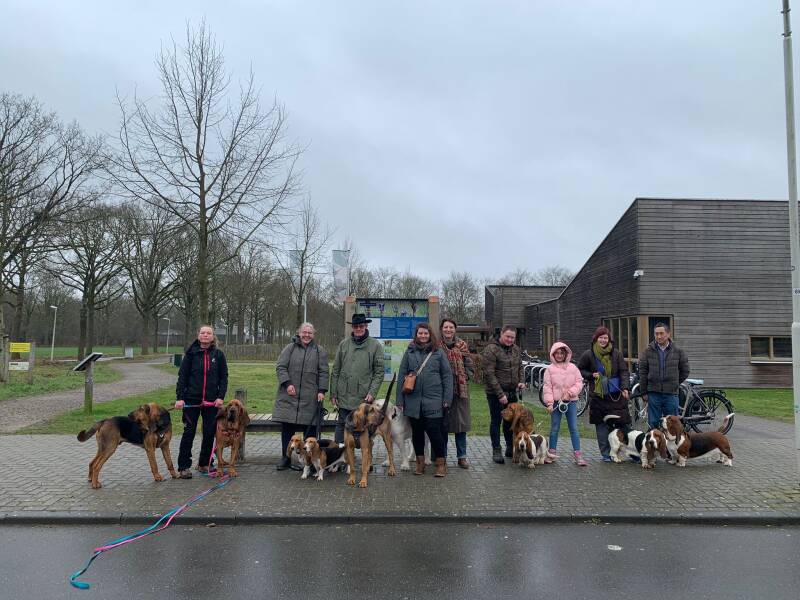 Groepsfoto tijdens bloedhondenwandeling 2026 met Bloedhonden en Bassets in het bos