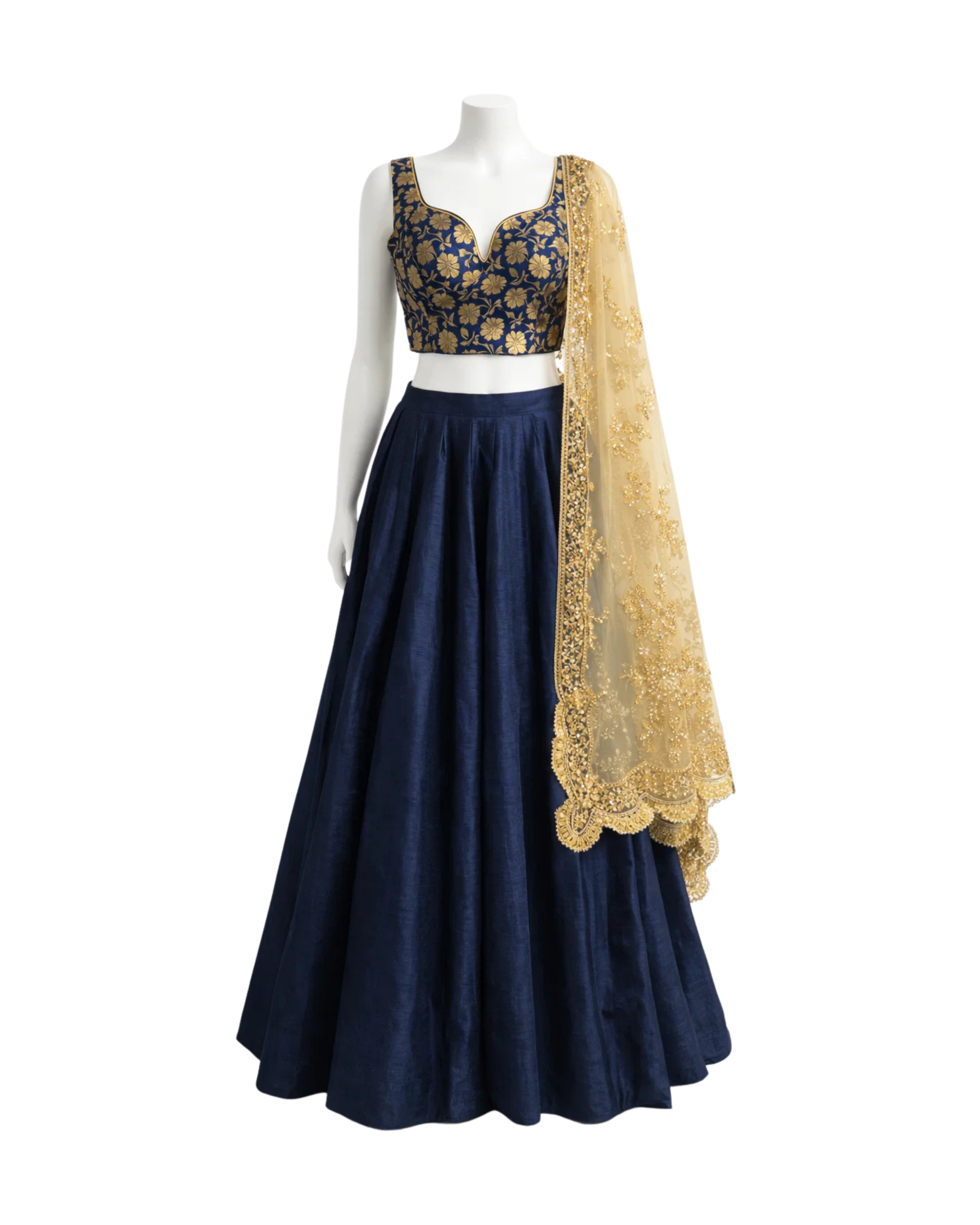 Navy Blue Brocade Lehenga