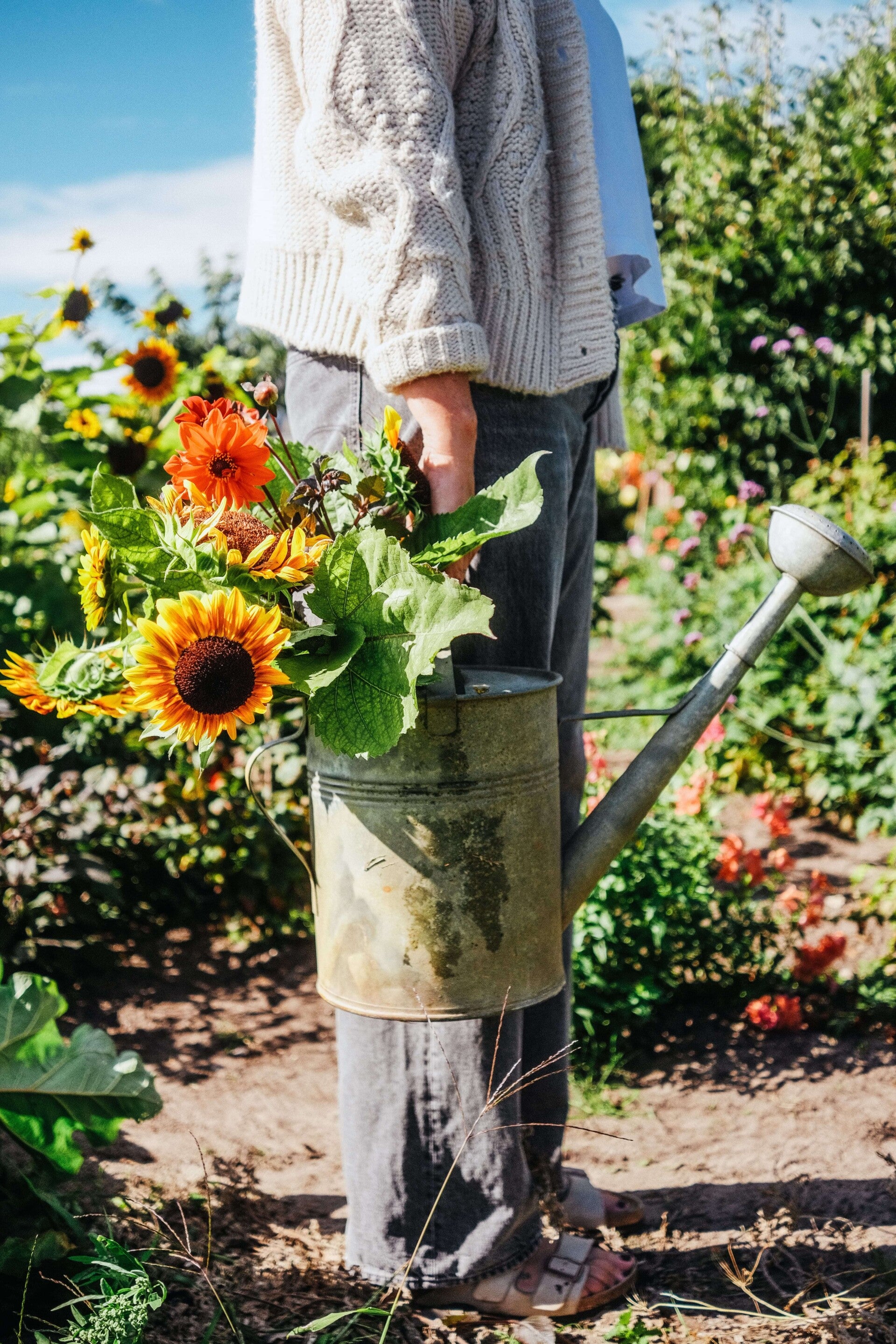 Mirjam Brouwer met een gieter en zonnebloemen.
