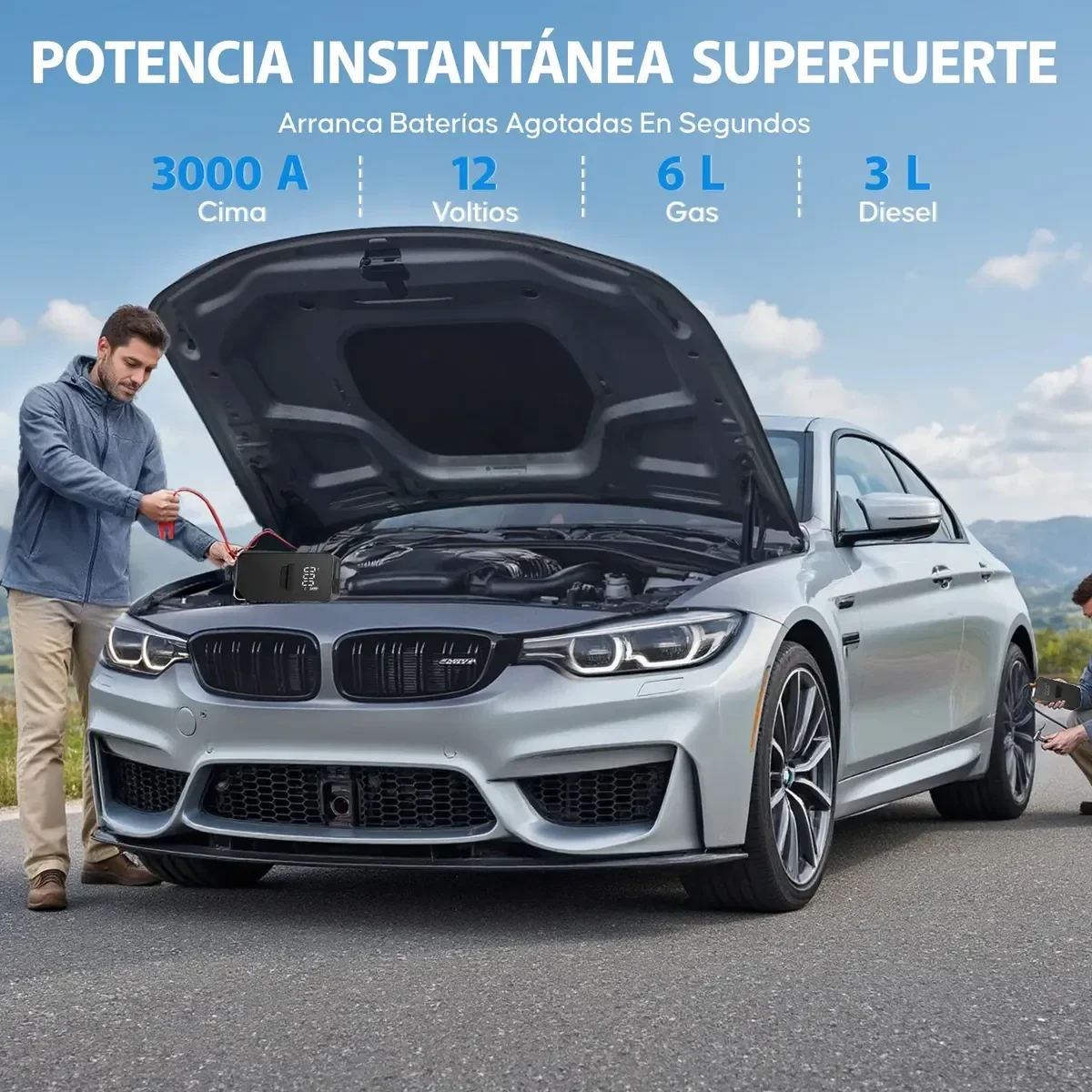 Arrancador inmediato de bateria de automovil para bateria muerta y compresor de aire