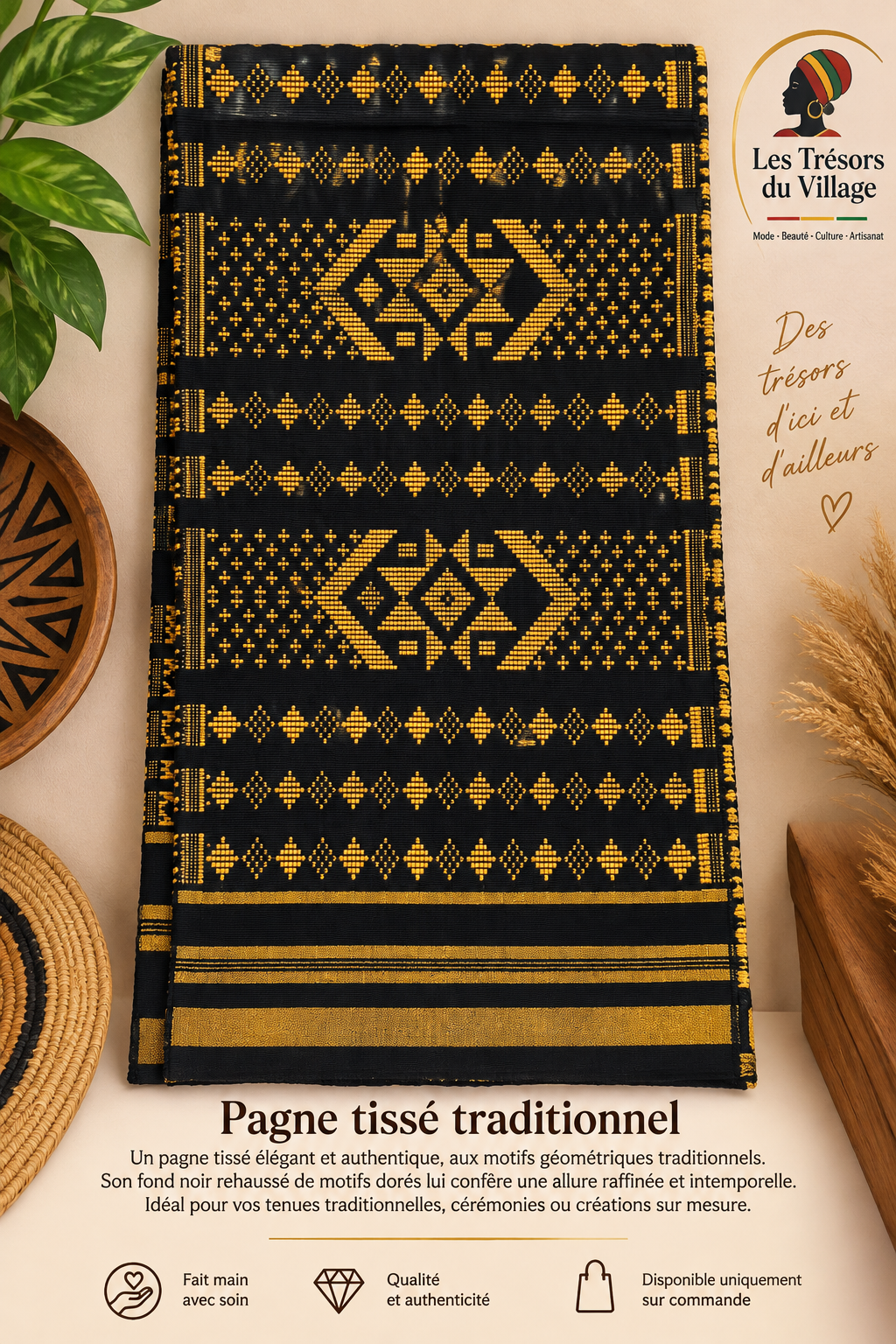 Pagne tissé traditionnel – Noir & Doré ✨