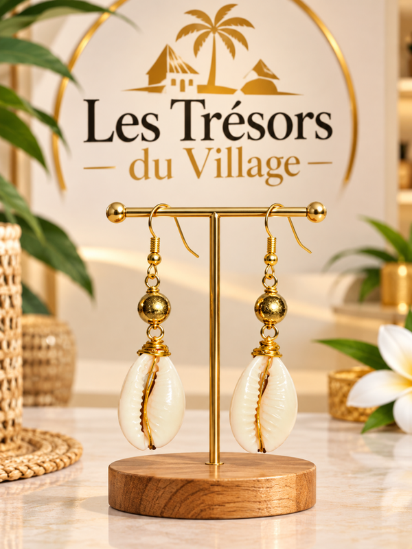 🌸 Boucles d’oreilles Cauris Dorées – Élégance Africaine