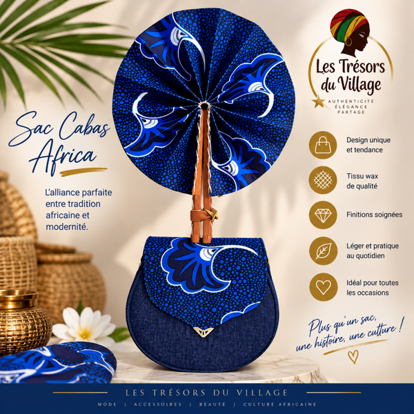 💙 Sac & Éventail Wax Bleu – Élégance Africaine