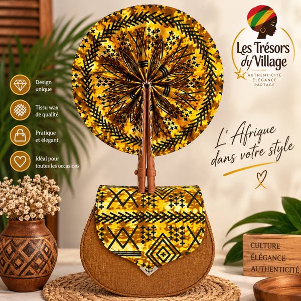 💛 Ensemble Sac & Éventail Wax Doré – Éclat d’Afrique