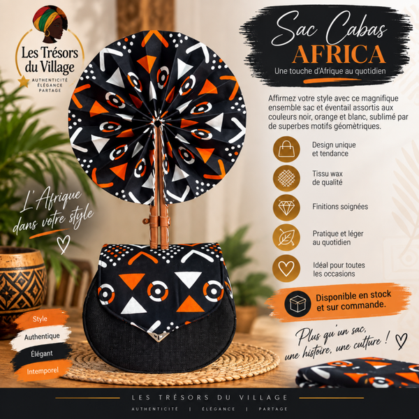 🧡 Ensemble Sac & Éventail Wax Noir & Orange – Énergie Africaine