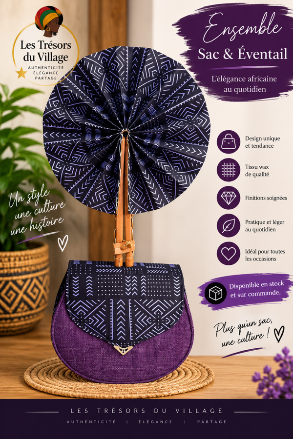 💜 Ensemble Sac & Éventail Wax Violet – Élégance Africaine