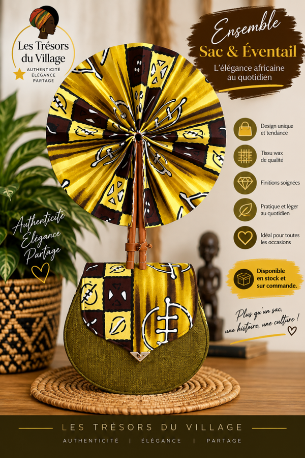 💛 Ensemble Sac & Éventail Wax Jaune & Marron – Charme d’Afrique