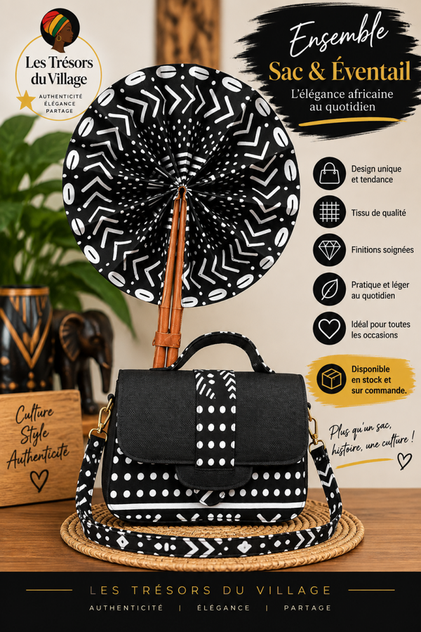 🖤 Ensemble Sac & Éventail Noir & Blanc – Élégance Africaine