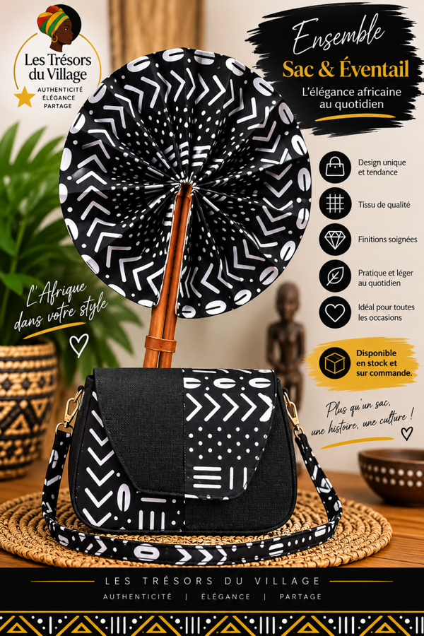 💙 Sac & Éventail Wax  – Élégance Africaine