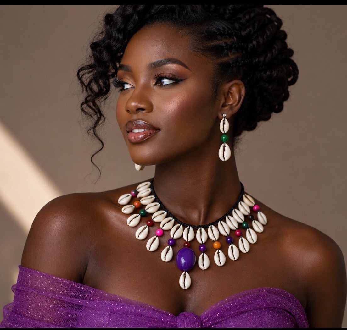 Ensemble collier et boucles d’oreilles cauris multi