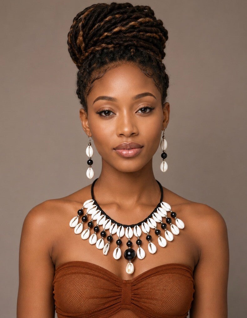 Ensemble collier et boucles d’oreilles cauri noir