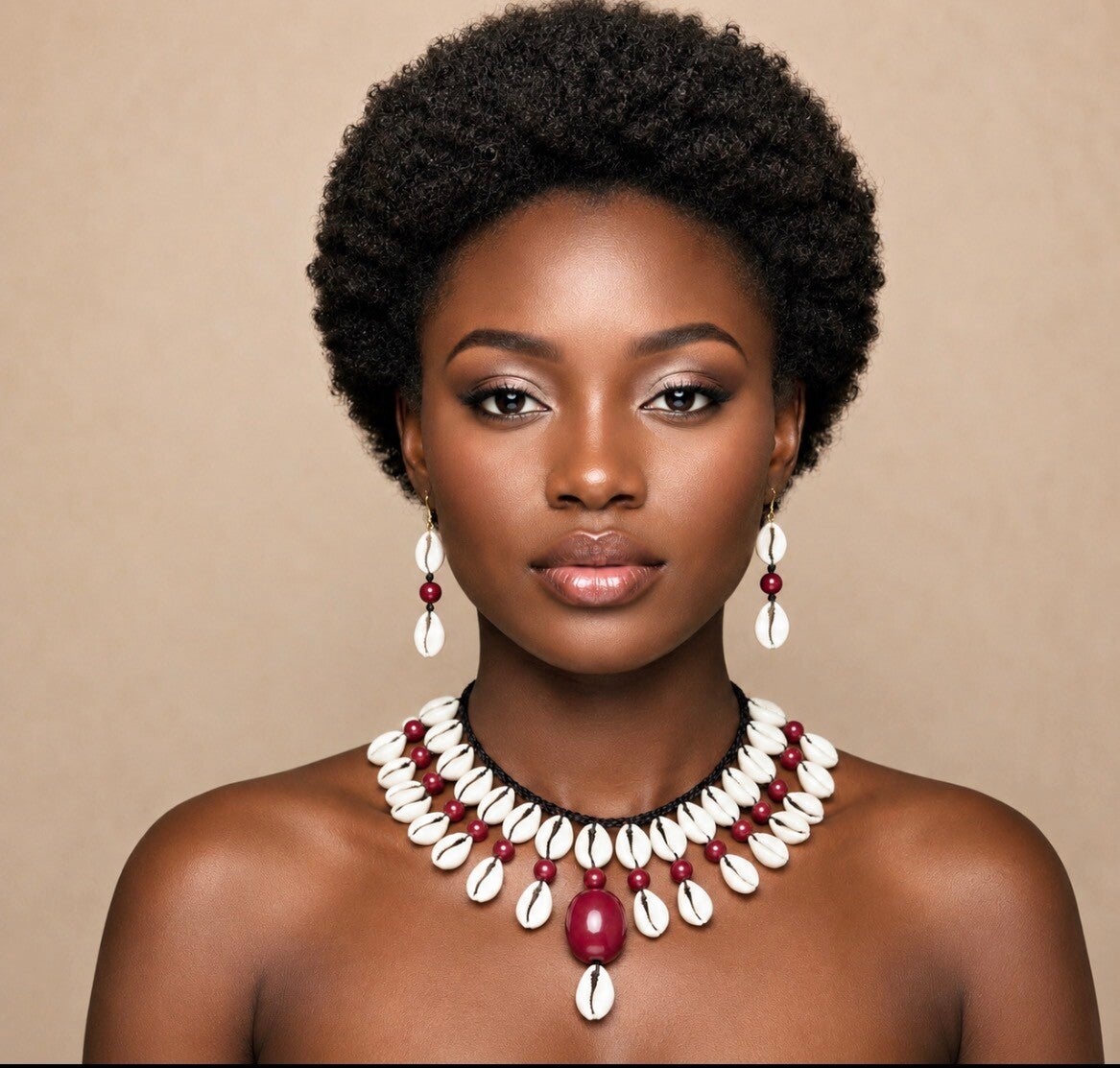 Ensemble collier et boucles d’oreilles en cauris bordeaux