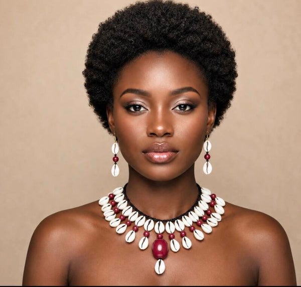 Ensemble collier et boucles d’oreilles en cauris bordeaux